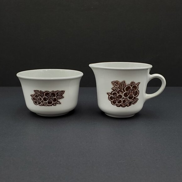 Corelle Batik Creamer & Open Sugar Bowl Corning Brown Floral Sugar Bowl Creamer - Picture 1 of 7